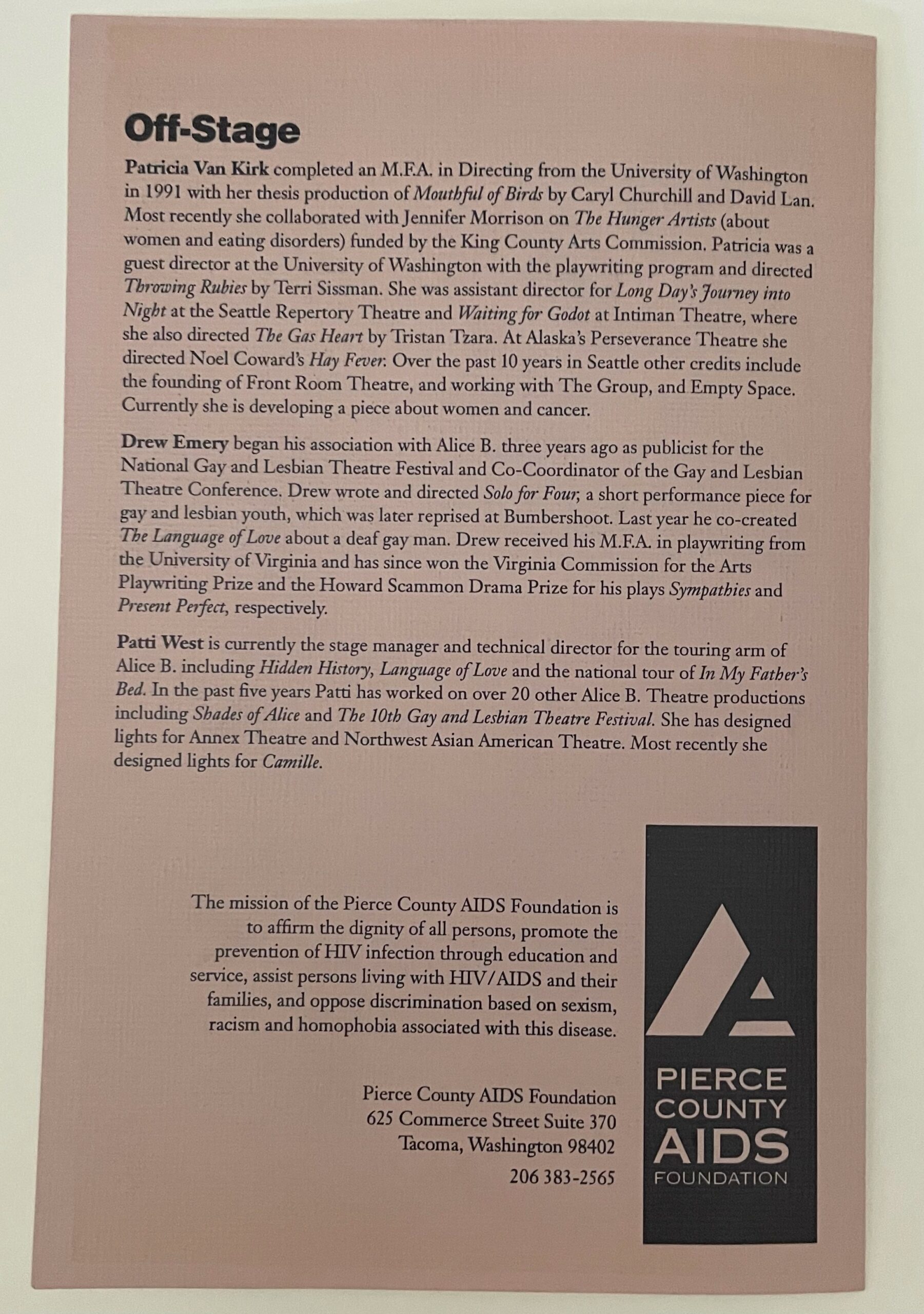 Page from the "Hidden History" program (1994) describing the director (Patricia Van Kirk), playwright (Drew Emery) and touring stage manager/director (Patti West).