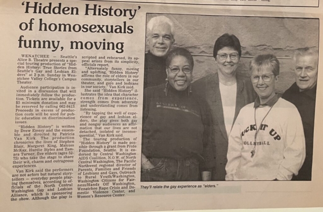 Photo of a news story titled “'Hidden History” of homosexuals funny, moving," from The Wenatchee World, April 14 ,1994.