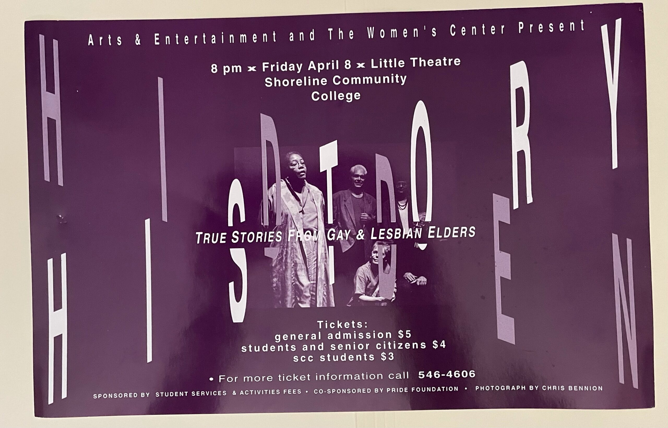 Photo of the poster for the "Hidden History" performance at Shoreline Community College on April 8th, 1994